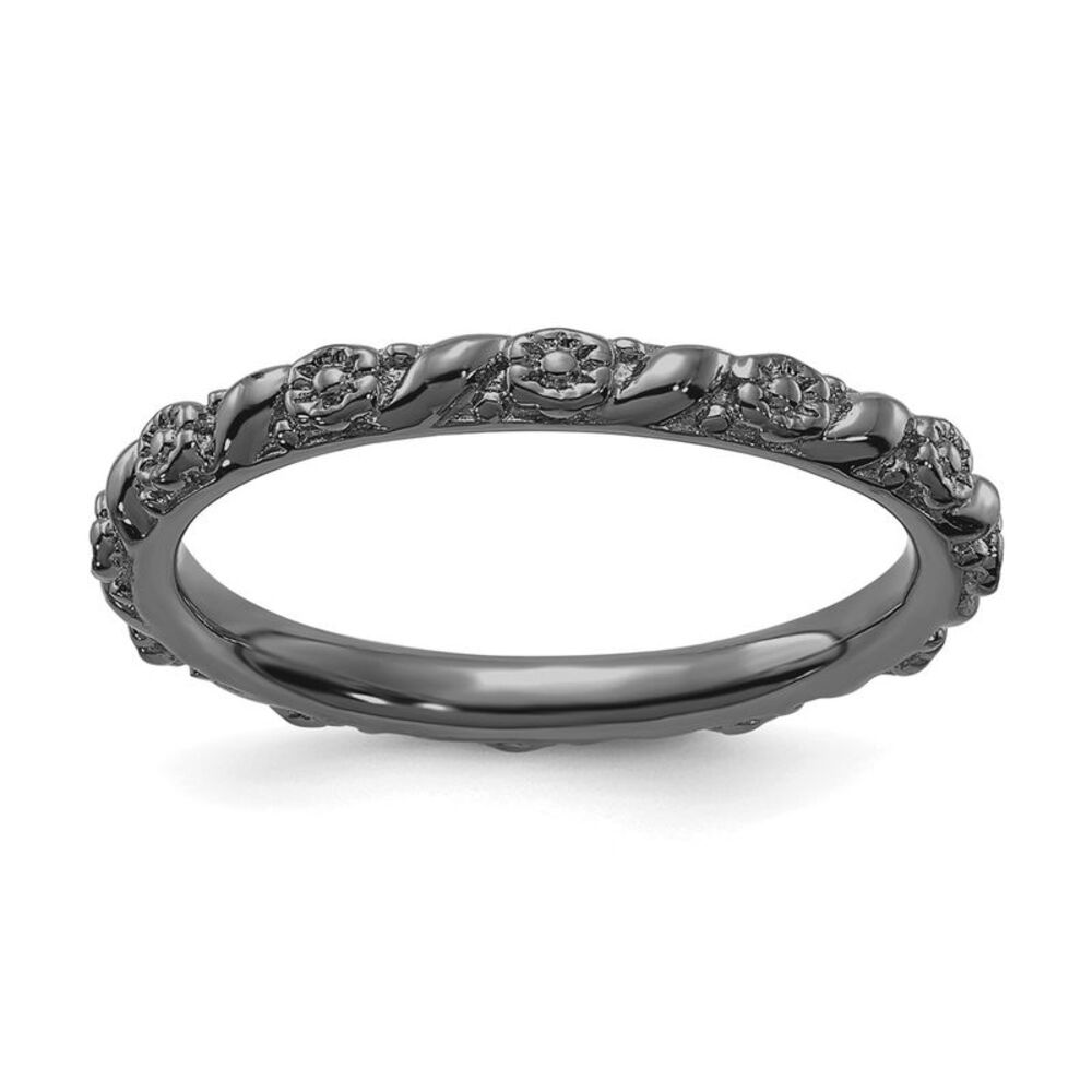 2mm Sterling Silver Black Ruthenium Plated Stackable Flower Band, Sz 9